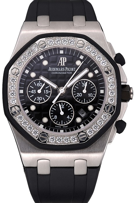Swiss Audemars Piguet Royal Oak Chronometer Black Dial Diamond Bezel Stainless Steel Case Black Rubber Strap  622867