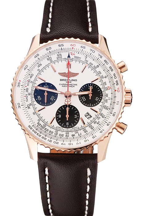 Swiss Breitling Navitimer 01 White Dial Black Subdials Rose Gold Case Brown Leather Strap