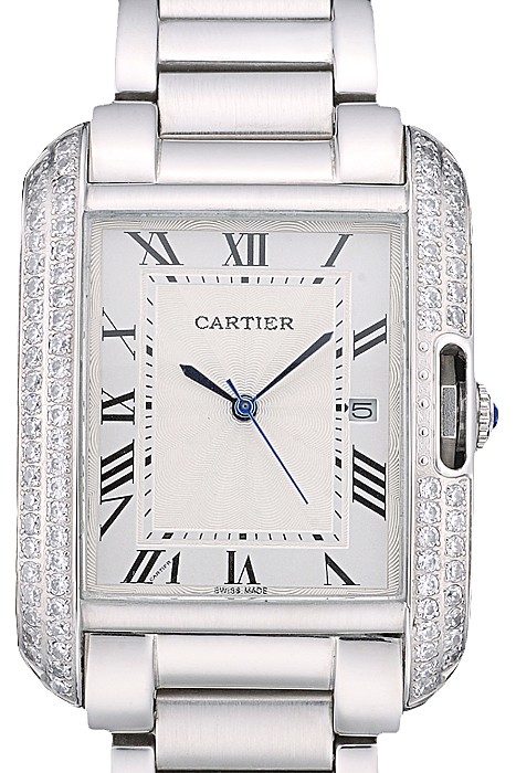 Cartier Tank Anglaise 30mm White Dial Diamonds Steel Case Stainless Steel Bracelet