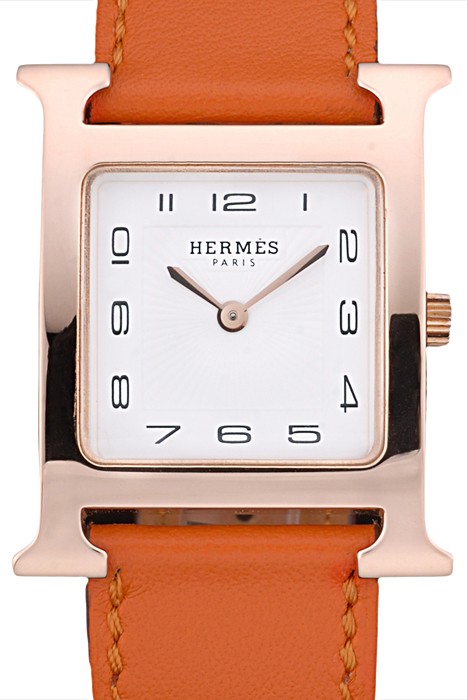 Hermes Heure H Rose Gold Bezel Orange Leather Strap White Dial 80234