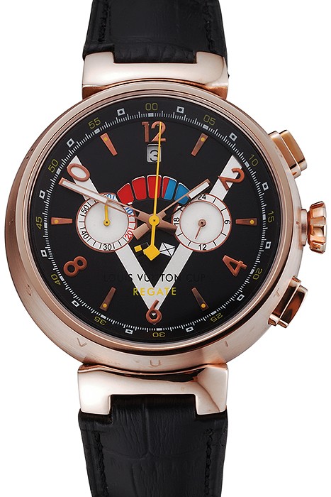 Louis Vuitton Tambour LV Cup Regate Black and White Dial Rose Gold Case Black Leather Strap