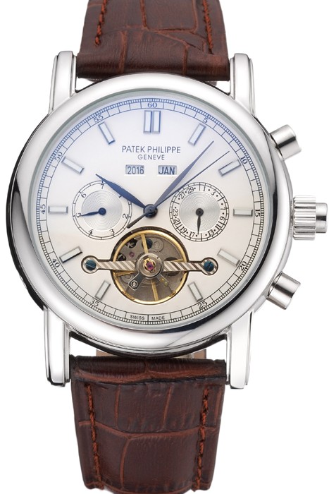 Patek Philippe Grand Complications Stainless Steel Case White Dial Brown Leather Bracelet 622260