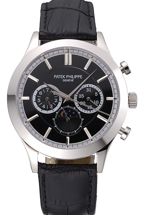 Patek Philippe Moonphase Chronograph Black Dial Stainless Steel Case Black Leather Strap  622842