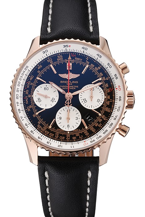 Swiss Breitling Navitimer 01 Black Dial White Subdials Rose Gold Case Black Leather Strap