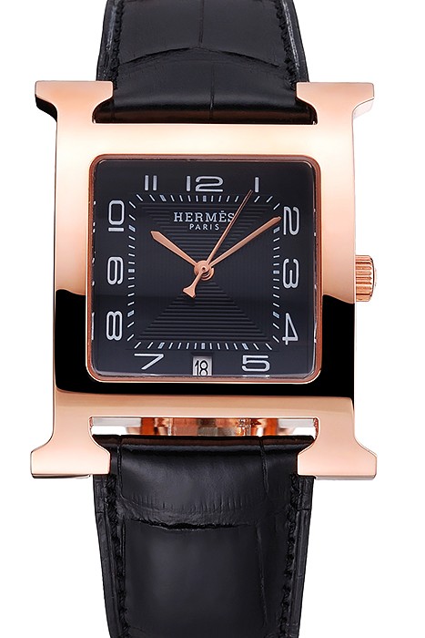 Hermes Heure H Black Dial Gold Case Black Leather Strap