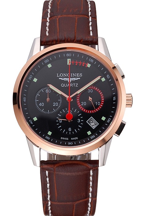 Longines Column Wheel Black Dial Two Tone Case Brown Leather Strap