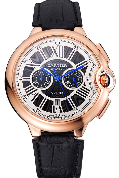 Cartier Ballon Bleu Black Dial Gold Case Black Leather Strap
