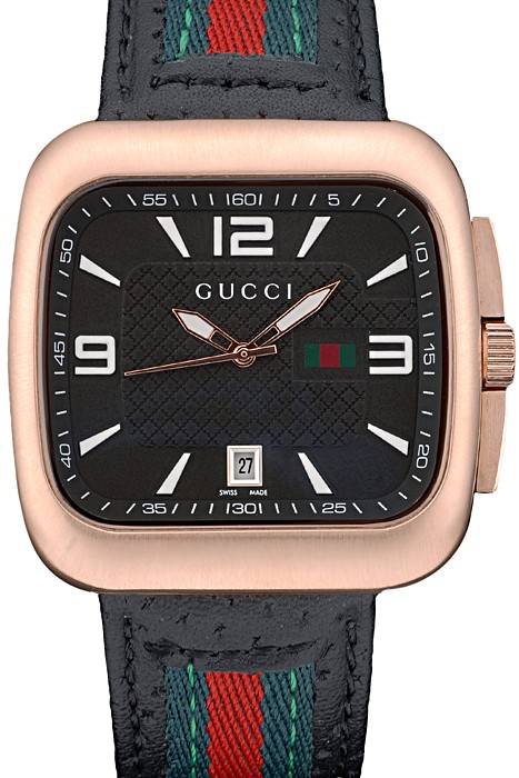 Gucci Black Leather Strap Rose Gold Bezel Black Dial 80222