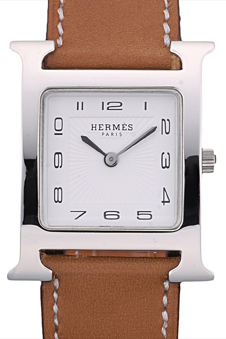 Hermes Heure H Stainless Steel Polished Bezel Tan Leather Strap White Dial 80230