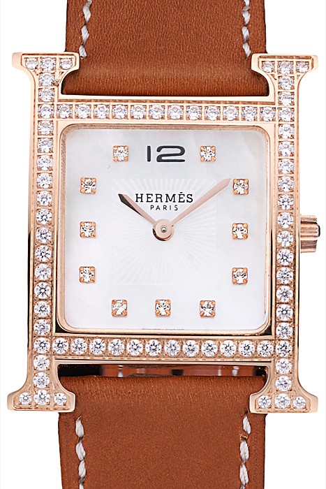 Hermes Heure H Rose Gold Diamond Encrusted Bezel Tan Leather Strap White Dial 80236