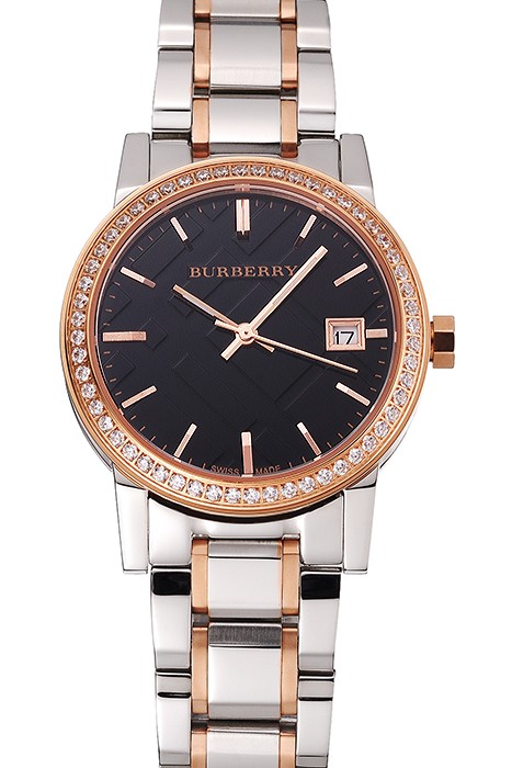 Burberry The City Black Dial Rose Gold Diamond Bezel Stainless Steel Case Two Tone Bracelet