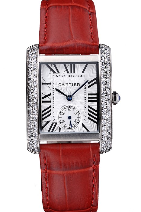 Cartier Tank MC Stainless Steel Diamond Case White Dial Red Leather Strap  622173