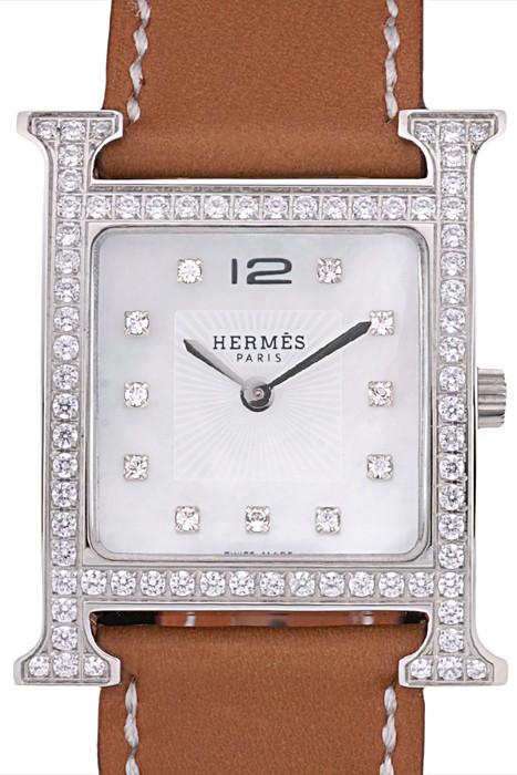 Hermes Heure H Stainless Steel Diamond Encrusted Bezel Tan Leather Strap White Dial 80232