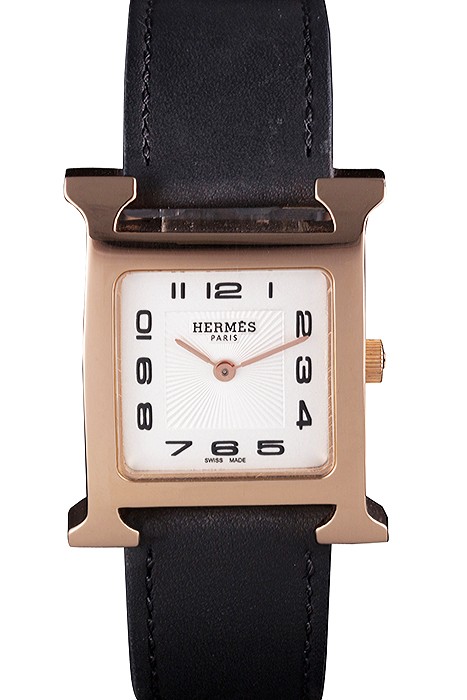 Hermes Heure H Rose Gold Bezel Black Leather Strap White Dial 80235