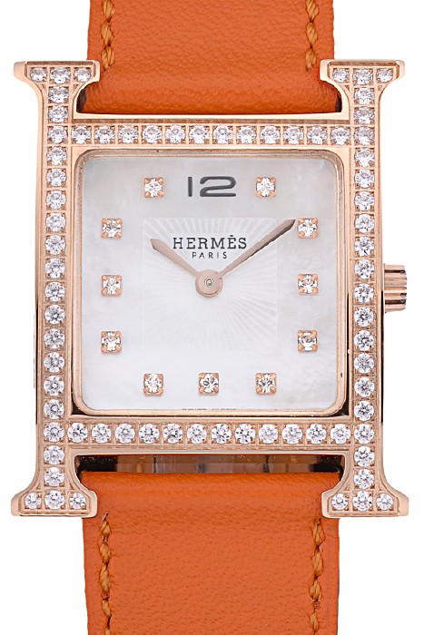 Hermes Heure H Rose Gold Diamond Encrusted Bezel Orange Leather Strap White Dial 80237