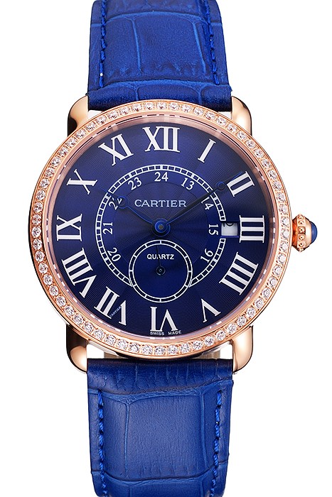 Cartier Ronde Louis Cartier Blue Dial Gold Case Diamond Bezel Blue Leather Strap