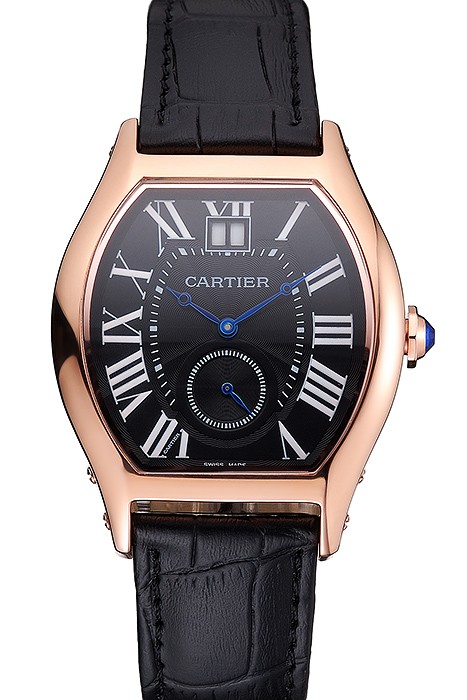 Cartier Tortue Large Date Black Dial Gold Case Black Leather Strap
