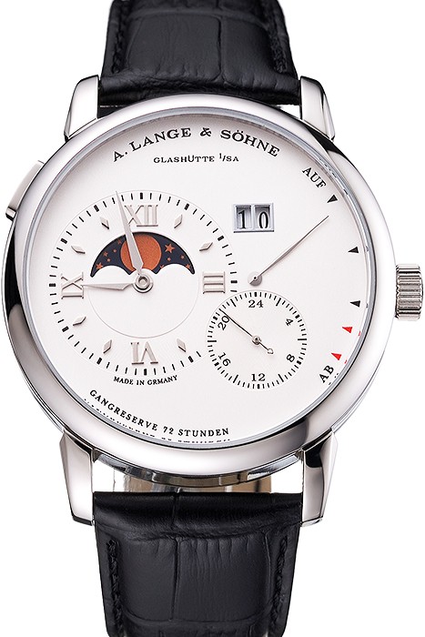 A. Lange & Sohne Grand Lange 1 Moon Phase White Dial Stainless Steel Case Black Leather Strap