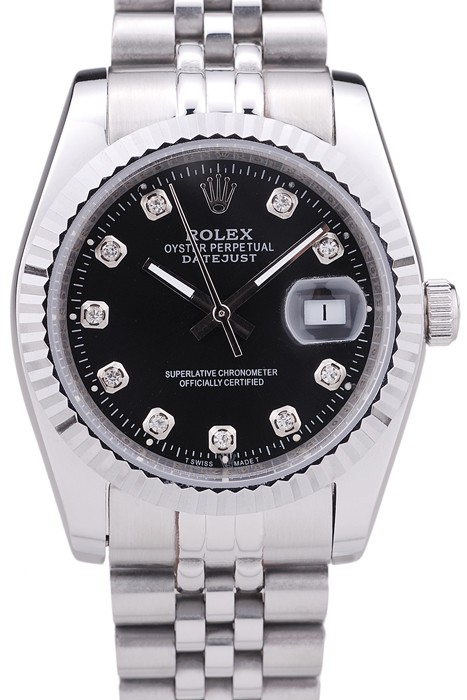 Rolex Datejust Black Dial Diamonds Ribbed Bezel 7458