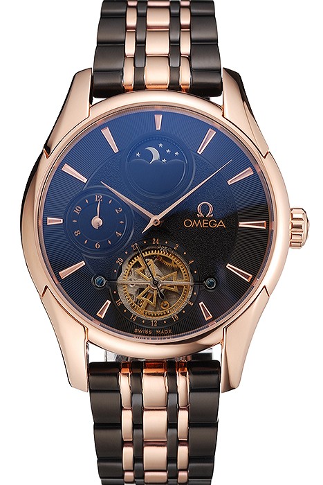 Omega De Ville Moonphase Tourbillon Black Dial Rose Gold Case Two Tone Rose Gold Black Bracelet