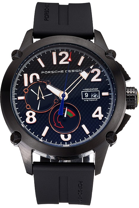 Porsche Design Indicator Black Dial Gold Numerals Black PVD Case Black Rubber Strap