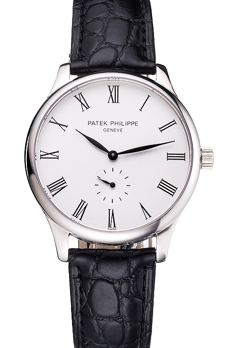 Patek Philippe Calatrava White Dial Stainless Steel Case Black Leather Strap