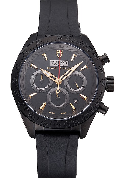 Tudor Fastrider Black Shield Black Dial Gold Markings Black Case Black Rubber Strap