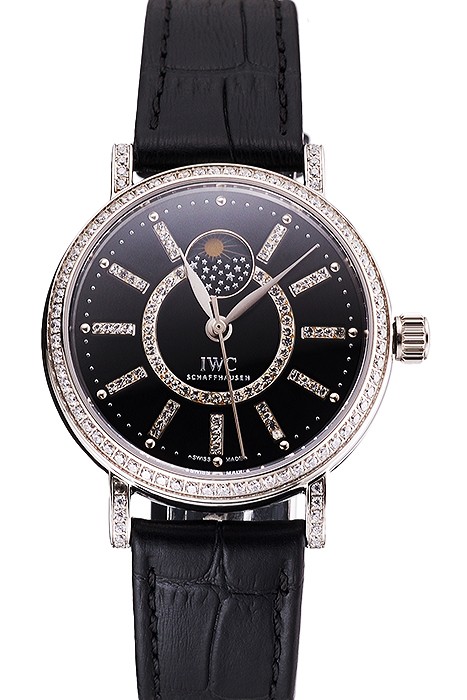 IWC Portofino Moon Phase Black Dial With Diamonds Stainless Steel Case Diamonds Bezel Black Leather Strap