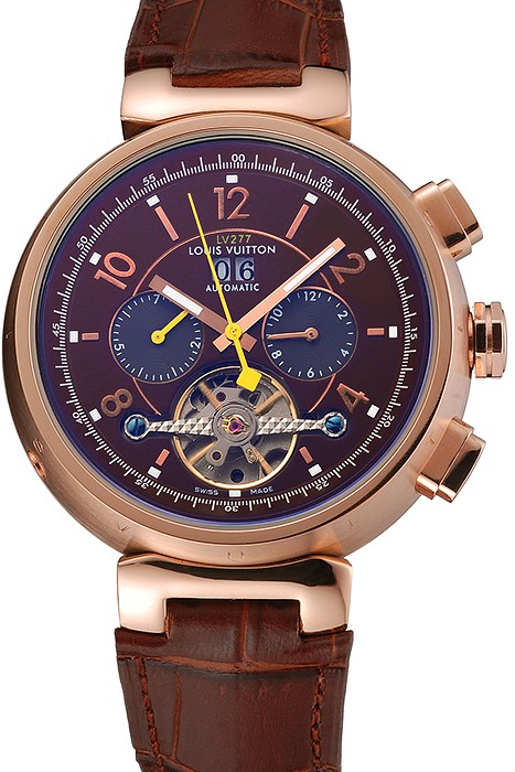 Louis Vuitton Tambour LV277 Tourbillon Brown Dial Rose Gold Case Brown Leather Strap