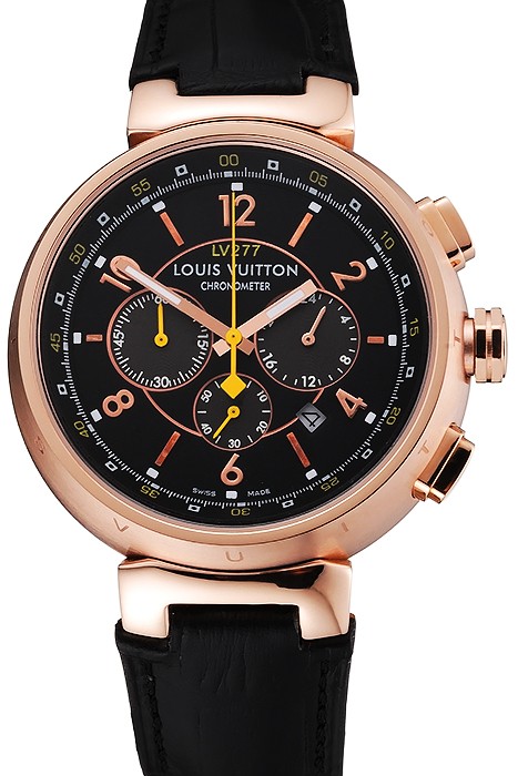 Louis Vuitton Tambour LV277 Chronograph Black Dial Rose Gold Case Black Leather Strap