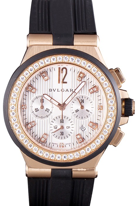 Bvlgari Diagono 40mm White Dial Gold Case With Diamonds Black Rubber Bracelet