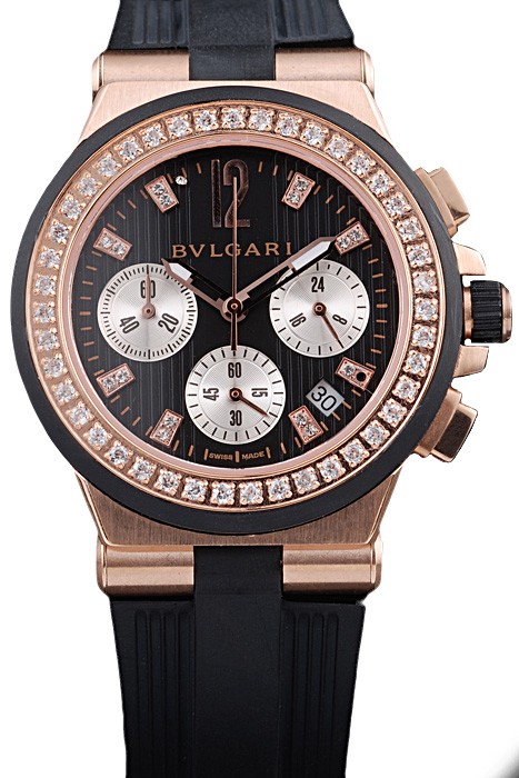 Bvlgari Diagono 36mm Black Dial Gold Case With Diamonds Black Rubber Bracelet