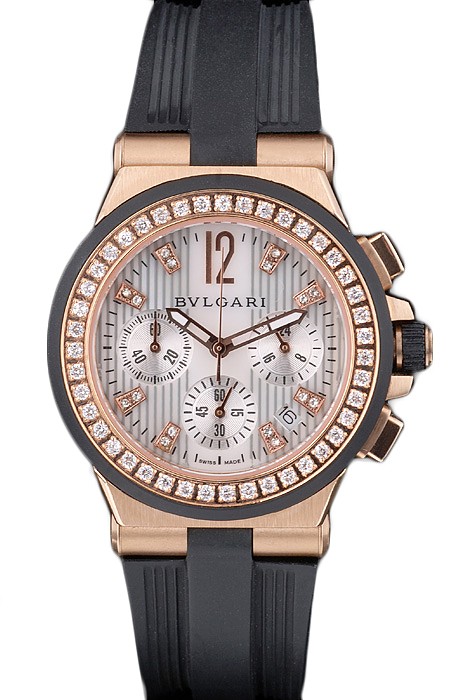 Bvlgari Diagono 36mm White Dial Gold Case With Diamonds Black Rubber Bracelet