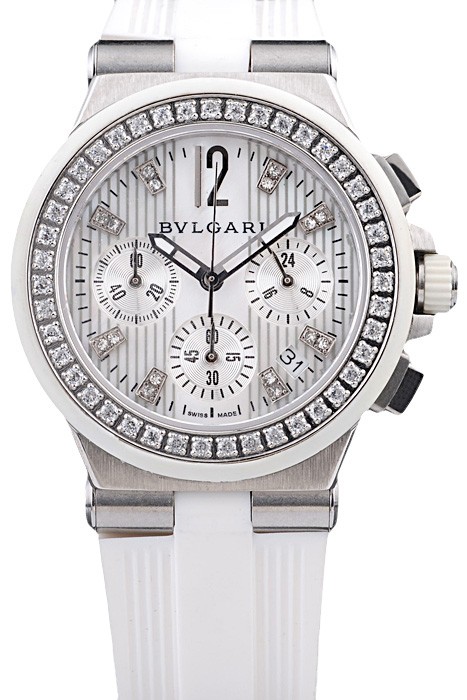 Bvlgari Diagono 36mm White Dial Stainless Steel Case With Diamonds White Rubber Bracelet