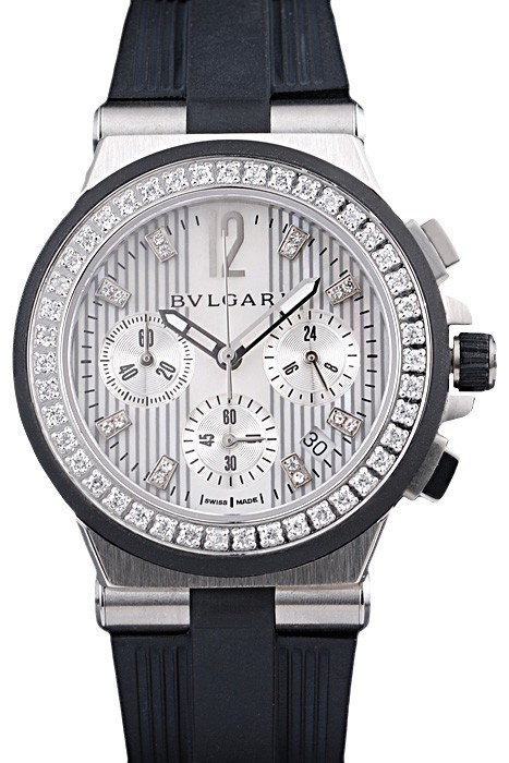 Bvlgari Diagono 36mm White Dial Stainless Steel Case With Diamonds Black Rubber Bracelet