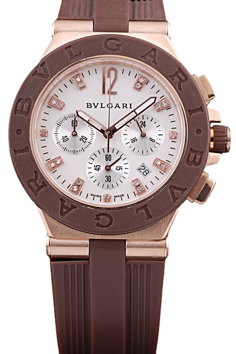 Bvlgari Diagono 36mm White Dial Rose Gold Case Brown Rubber Bracelet