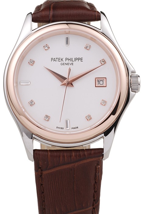 Patek Philippe Geneve Calatrava Crystal Studded Hour Marker White Dial Brown Leather Strap
