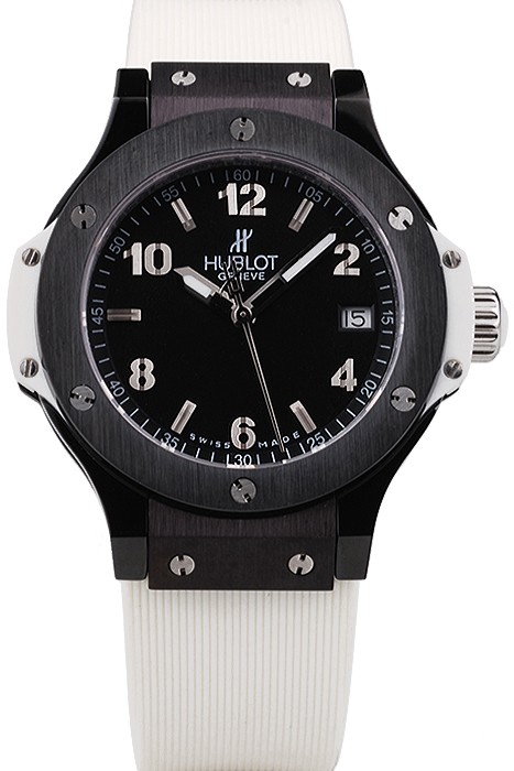Hublot Big Bang Black Bezel Black Dial White Rubber Strap