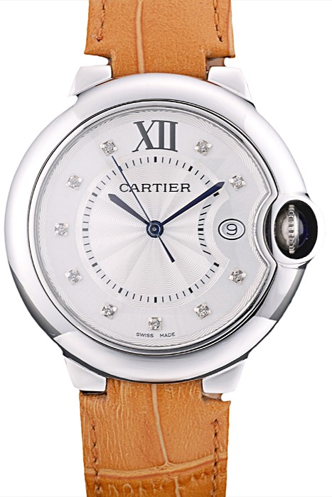 Cartier Ballon Bleu 42mm White Dial Stainless Steel Case Light Brown Leather Bracelet