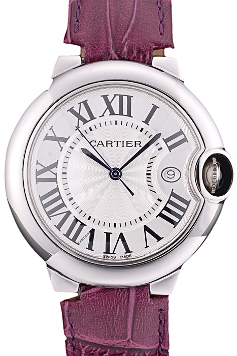 Cartier Ballon Bleu 38mm White Dial Stainless Steel Case Purple Leather Bracelet