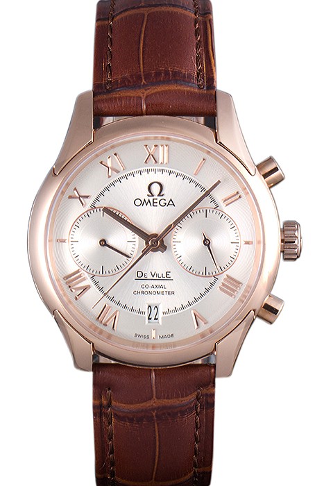 Omega DeVille Rose Gold Bezel with White Dial and Brown Leather Strap  621570