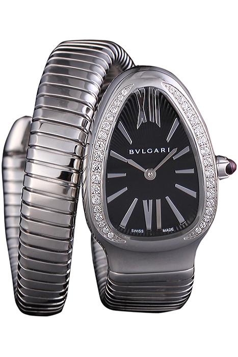 Bvlgari Serpenti 23mm Black Dial Stainless Steel Case With Diamonds Steel Bracelet