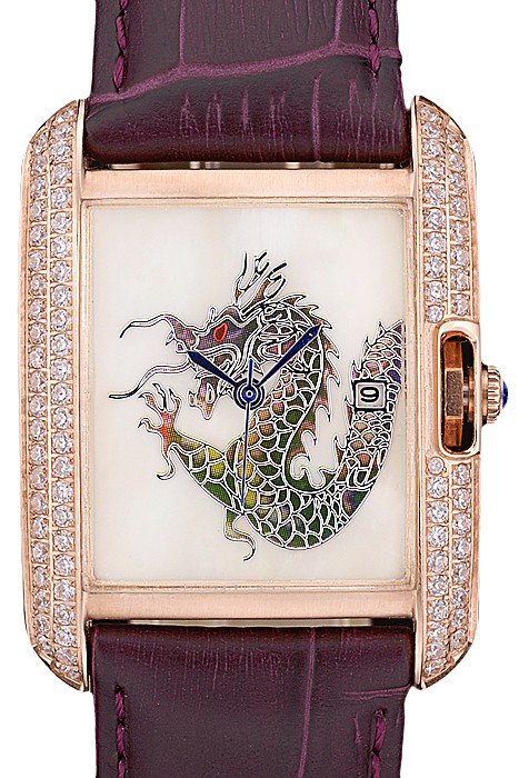 Cartier Tank Anglaise White Dragon Dial Diamonds Gold Case Purple Leather Bracelet