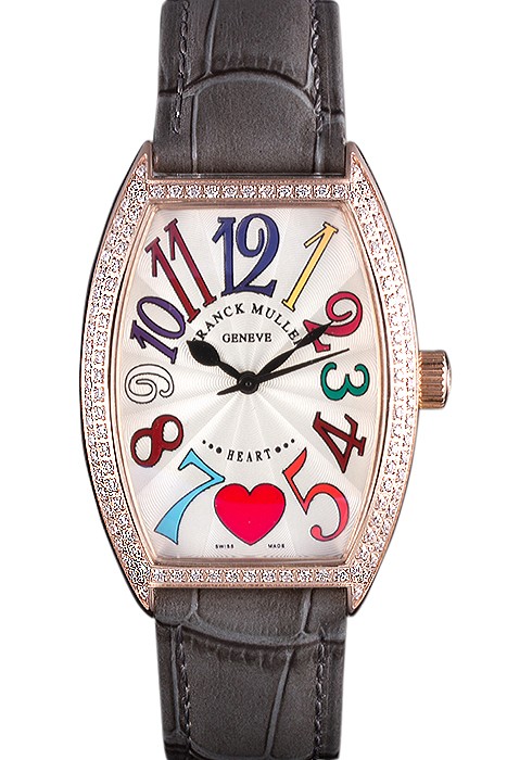 Franck Muller Heart Diamond Gold Bezel Grey Leather Band  621591