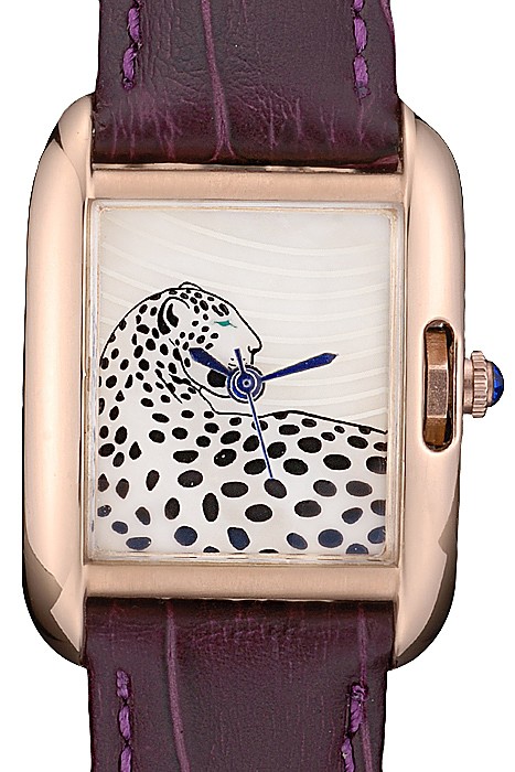 Cartier Tank Anglaise White Tiger Dial Gold Case Purple Leather Bracelet