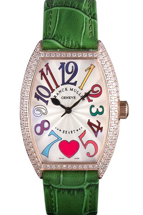 Franck Muller Heart Diamond Gold Bezel Green Leather Band  621593