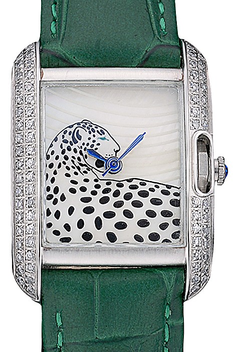 Cartier Tank Anglaise White Tiger Dial Diamonds Steel Case Green Leather Bracelet