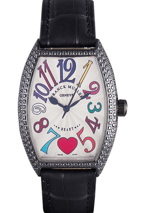 Franck Muller Heart Diamond Silver Bezel Black Leather Band  621595