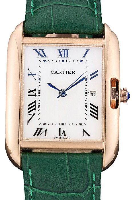 Cartier Tank Anglaise 30mm White Dial Gold Case Green Leather Bracelet