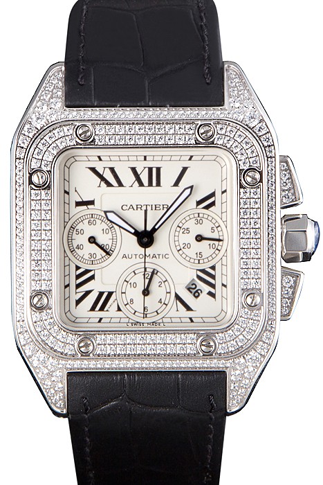 Swiss Cartier Santos Silver Bezel with Diamonds and Black Leather Strap sct44  621528